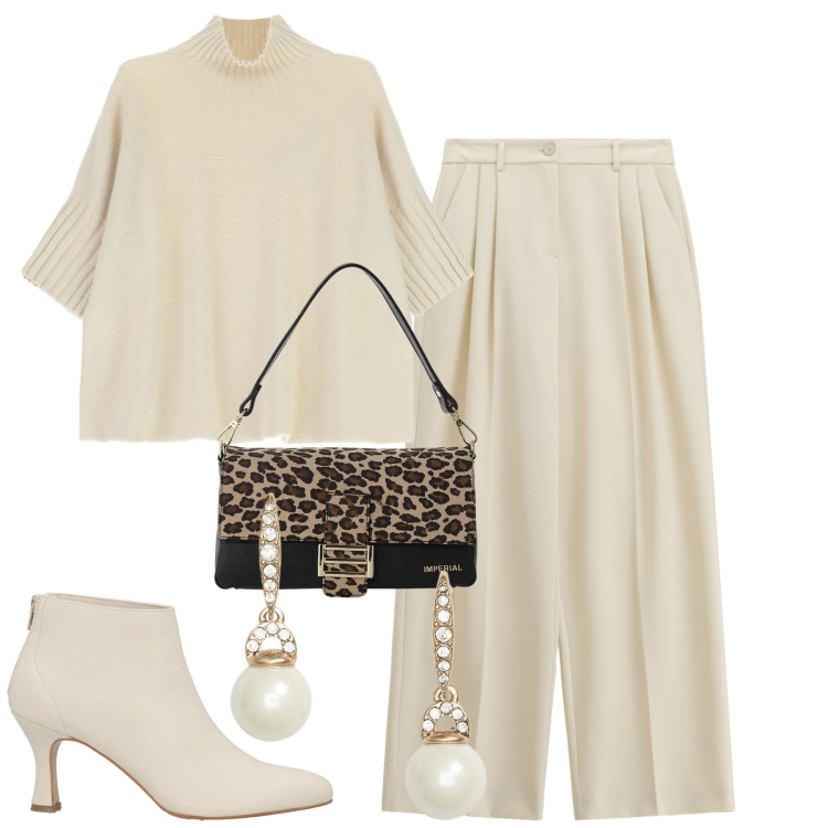 Outfit donna - Cozy chic. Stile Minimal per Tutti i giorni. Abbinamento con stivaletti, pantaloni a palazzo, borse a spalla, maglieria, orecchini.