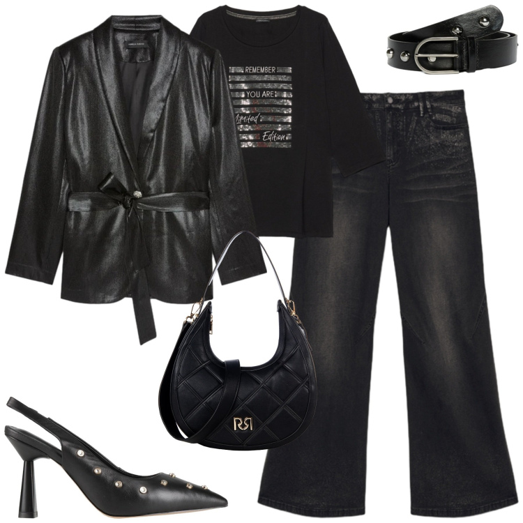 Outfit donna - Il potere del punto vita. Stile Casual chic per Tutti i giorni. Abbinamento con décolleté, borse a tracolla, t-shirt, jeans, cinture, blazer.