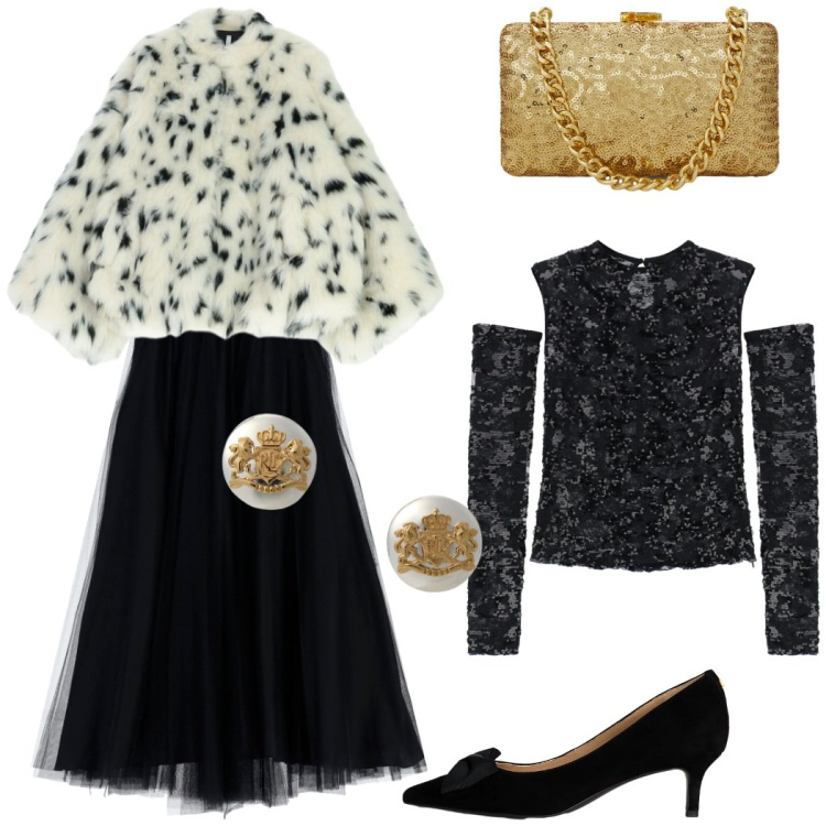 Outfit donna - Splendida splendente. Stile Glamour per Serata fuori. Abbinamento con gonne lunghe, ecopellicce, top, orecchini, décolleté, clutch.
