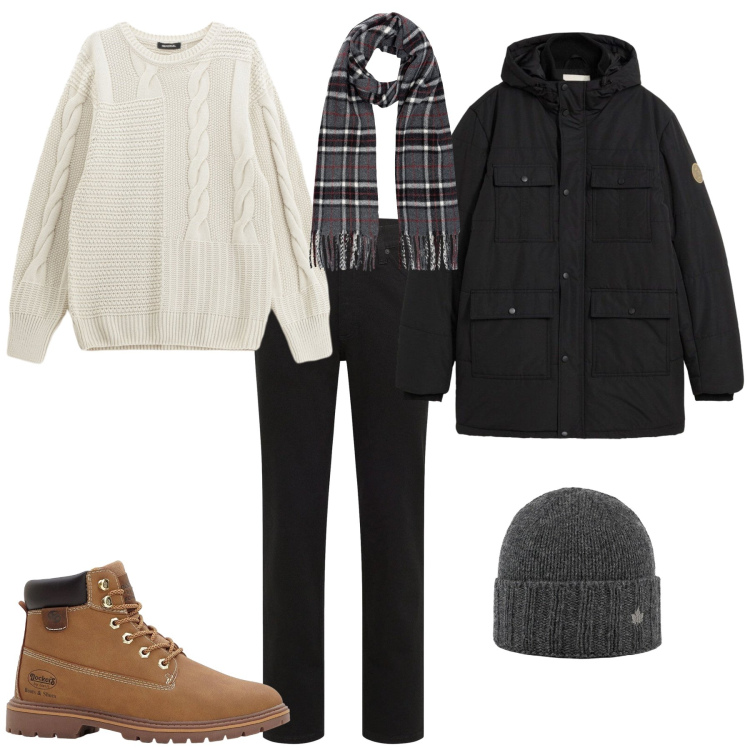 Outfit uomo - Una serata al cinema. Stile Urban per Tutti i giorni. Abbinamento con jeans dritti, stivali e stivaletti, parka, maglieria, cappelli, sciarpe.