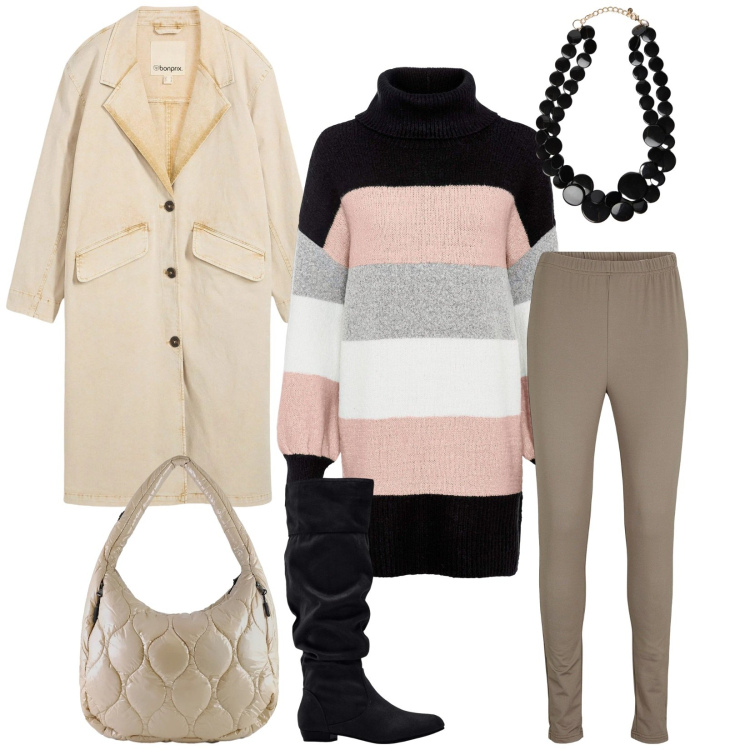 Outfit donna - Total look #2305485. Stile Casual chic per Tutti i giorni. Abbinamento con stivali, maglieria, leggings, trench, borse tote, collane.