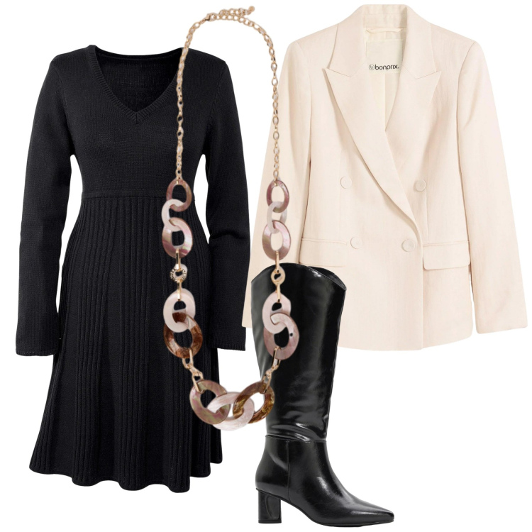 Outfit donna - Total look #2305486. Stile Casual chic per Cerimonia. Abbinamento con vestiti, blazer, stivali, collane.