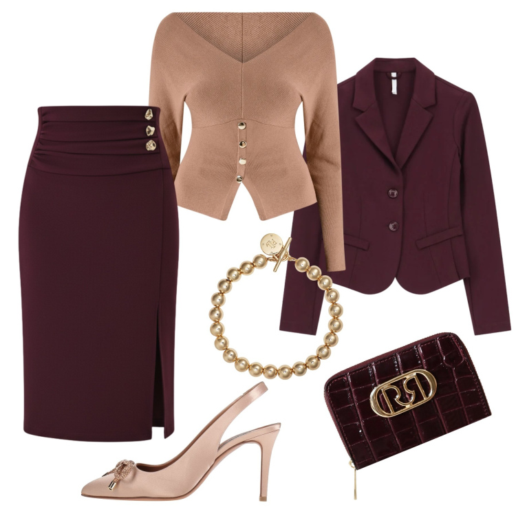 Outfit donna - Punto vita al top chic mood. Stile Chic per Serata fuori. Abbinamento con décolleté, gonne longuette, portafogli, maglieria, blazer, braccialetti.