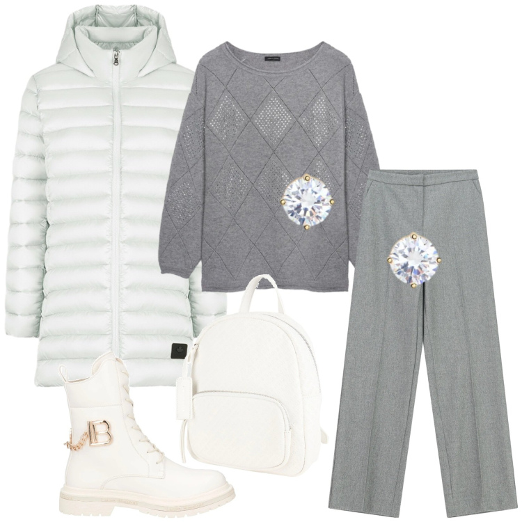 Outfit donna - Total look #2305488. Stile Casual chic per Tutti i giorni. Abbinamento con anfibi, zaini, pantaloni a palazzo, orecchini, piumini, maglieria.
