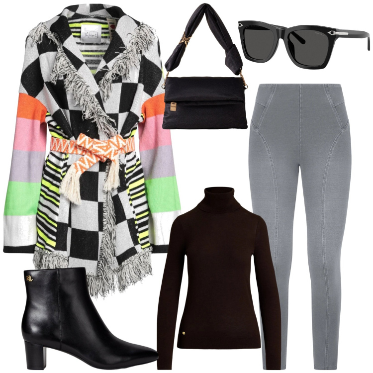 Outfit donna - Total look #2305489. Stile Chic per Tutti i giorni. Abbinamento con cardigans, borse a tracolla, jeggings, maglieria, stivaletti, occhiali da sole.