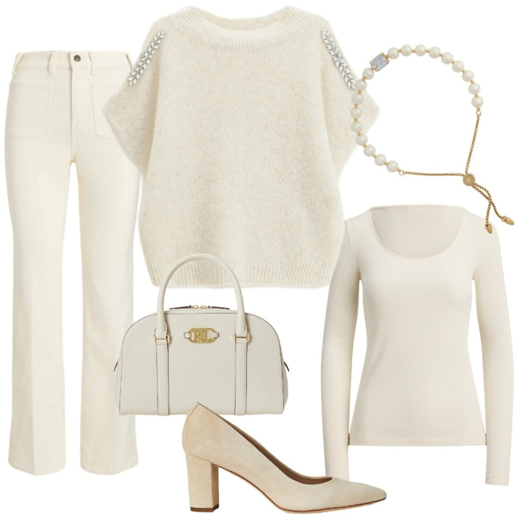 Outfit donna - Bianco raffinato. Stile Chic per Serata fuori. Abbinamento con maglieria, braccialetti, décolleté, t-shirt, pantaloni, borse a mano.