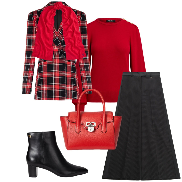 Outfit donna - Total look #2305494. Stile Bon Ton per Ufficio. Abbinamento con pantaloni, blazer, borse a mano, stivaletti, sciarpe, maglieria.