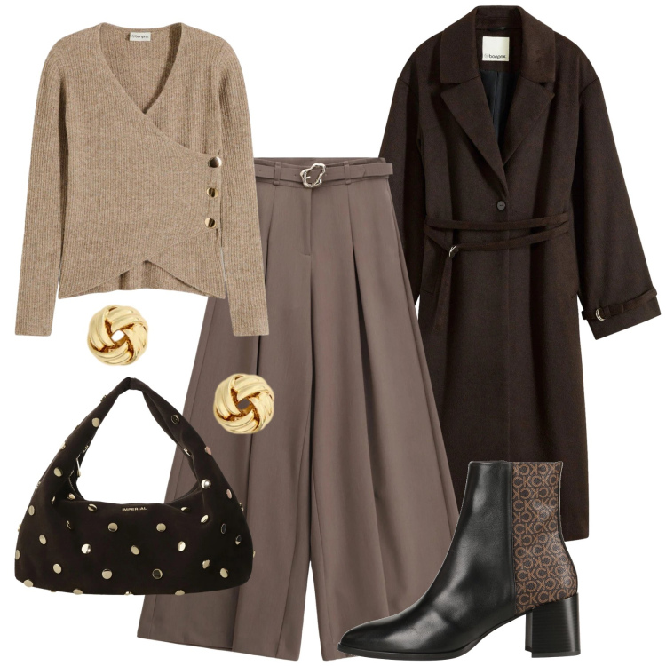 Outfit donna - Focus punta vita H24. Stile Casual chic per Tutti i giorni. Abbinamento con maglieria, cappotti, stivaletti, pantaloni, borse a spalla, orecchini.