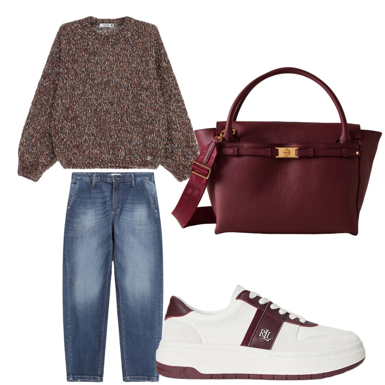 Outfit donna - Aperitivo. Stile Trendy per Tutti i giorni. Abbinamento con jeans, maglieria, borse a mano, sneakers.