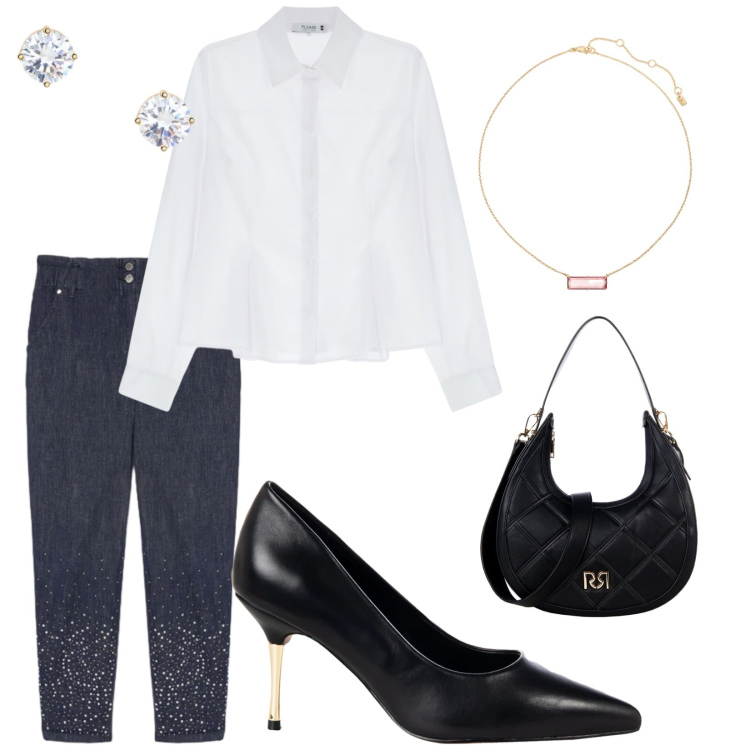 Outfit donna - Incontro di lavoro. Stile Casual chic per Ufficio. Abbinamento con camicie, borse a tracolla, décolleté, collane, orecchini, jeans.
