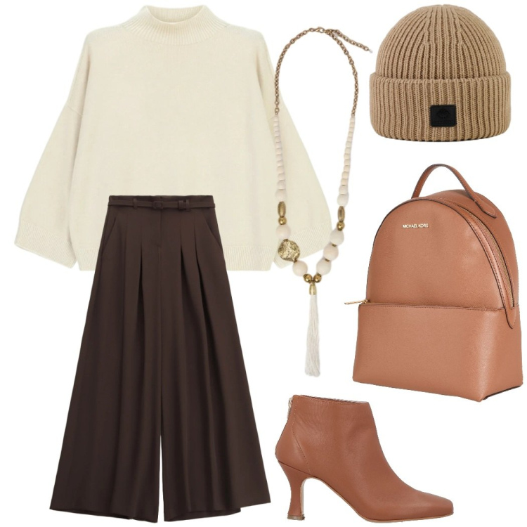 Outfit donna - In ufficio. Stile Casual chic per Ufficio. Abbinamento con zaini, stivaletti, pantaloni a palazzo, maglieria, berretti, ciondoli.