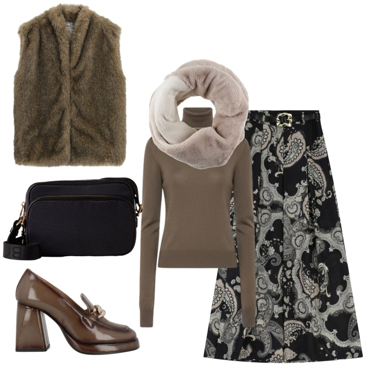 Outfit donna - Total look #2305514. Stile Casual chic per Serata fuori. Abbinamento con sciarpe, mocassini, blazer, gonne lunghe, borse a tracolla, maglieria.