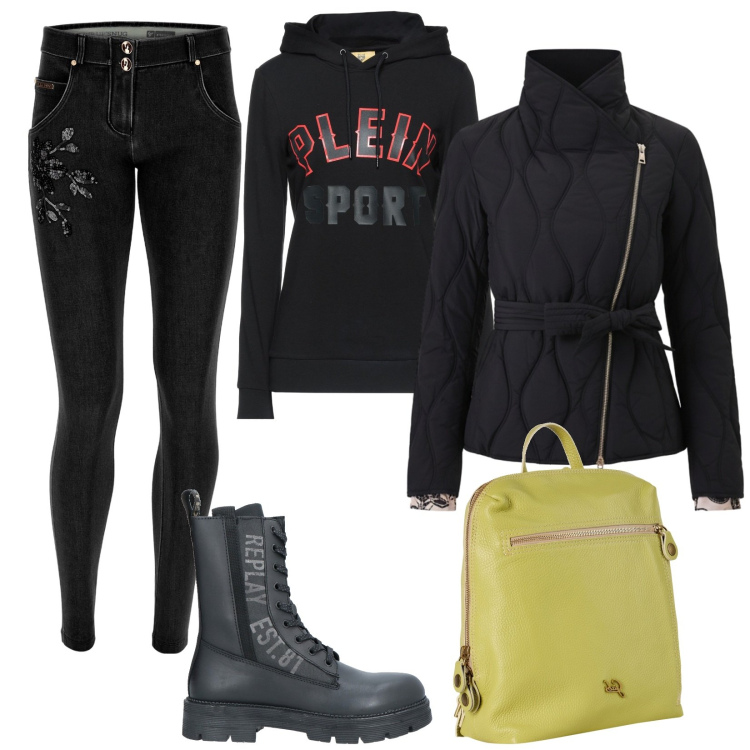 Outfit donna - Zainetto verde Lime. Stile Basic per Tutti i giorni. Abbinamento con anfibi, felpe con cappuccio, zaini, piumini, jeans skinny.