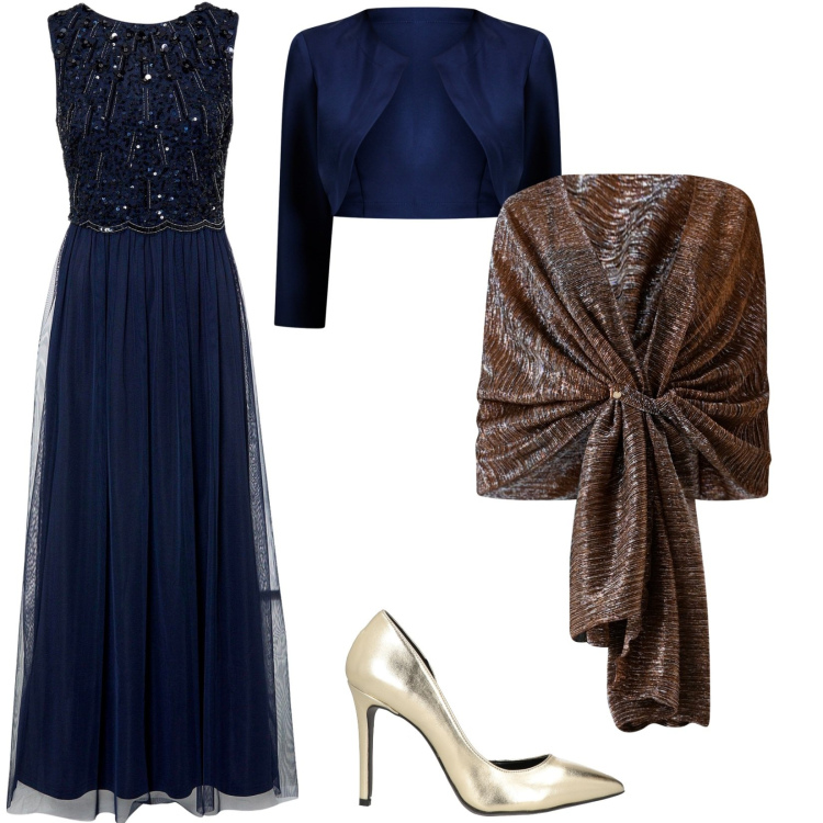 Outfit donna - Vestito blu in tulle. Stile Chic per Cerimonia. Abbinamento con vestiti lunghi, décolleté, stole, bolero.