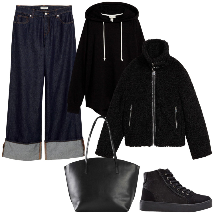 Outfit donna - Jeans col Nero. Stile Basic per Tutti i giorni. Abbinamento con sneakers alte, shopping bag, felpe con cappuccio, jeans, ecopellicce.