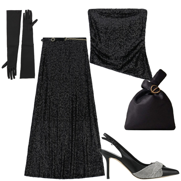 Outfit donna - Capodanno. Stile Glamour per Serata fuori. Abbinamento con décolleté, guanti, top, gonne lunghe, borse a mano.