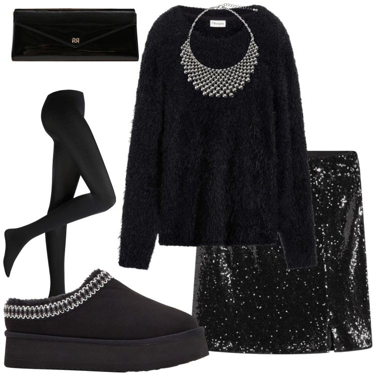 Outfit donna - Total Black. Stile Glamour per Serata fuori. Abbinamento con collant, stivaletti, minigonne, maglieria, pochette, collane.