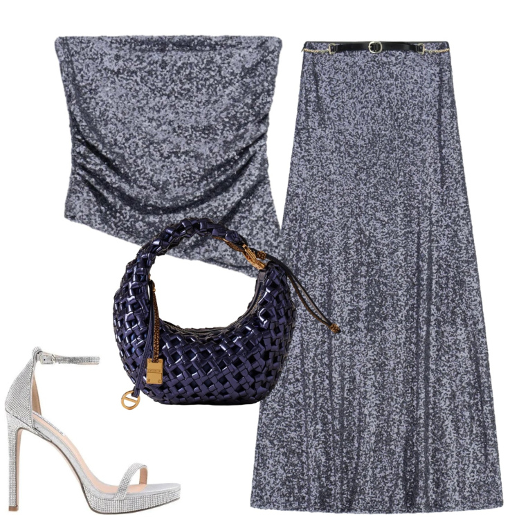 Outfit donna - Splendere a Capodanno. Stile Glamour per Serata fuori. Abbinamento con sandali col tacco, top, gonne lunghe, borse a mano.