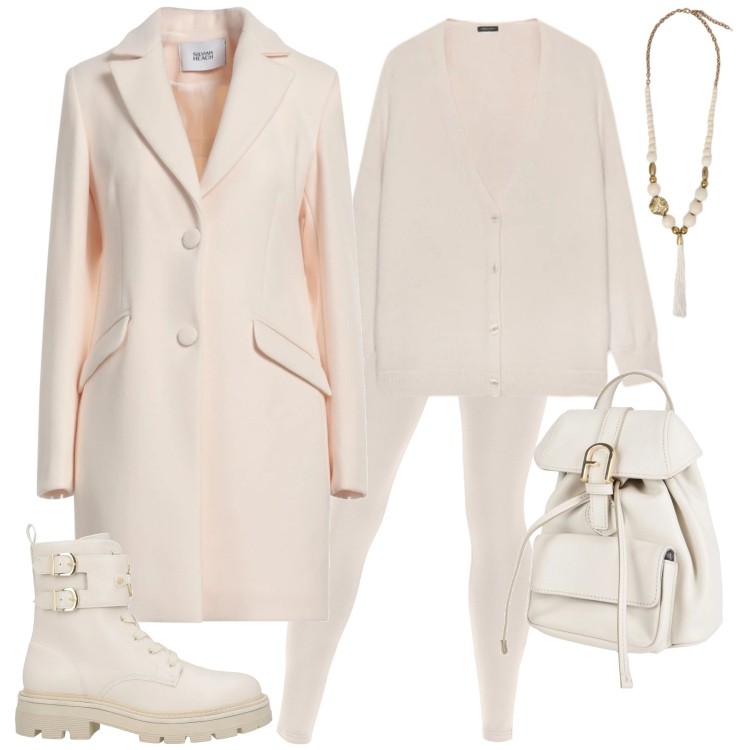 Outfit donna - Come la neve. Stile Casual chic per Tutti i giorni. Abbinamento con cappotti, anfibi, zaini, pantaloni skinny, cardigans, ciondoli.