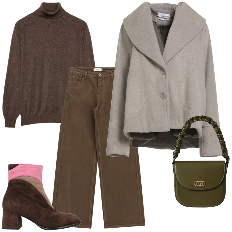 Outfit donna - Un tocco di rosa. Stile Urban per Tutti i giorni. Abbinamento con cappotti, stivaletti, pantaloni a palazzo, borse a mano, maglieria.