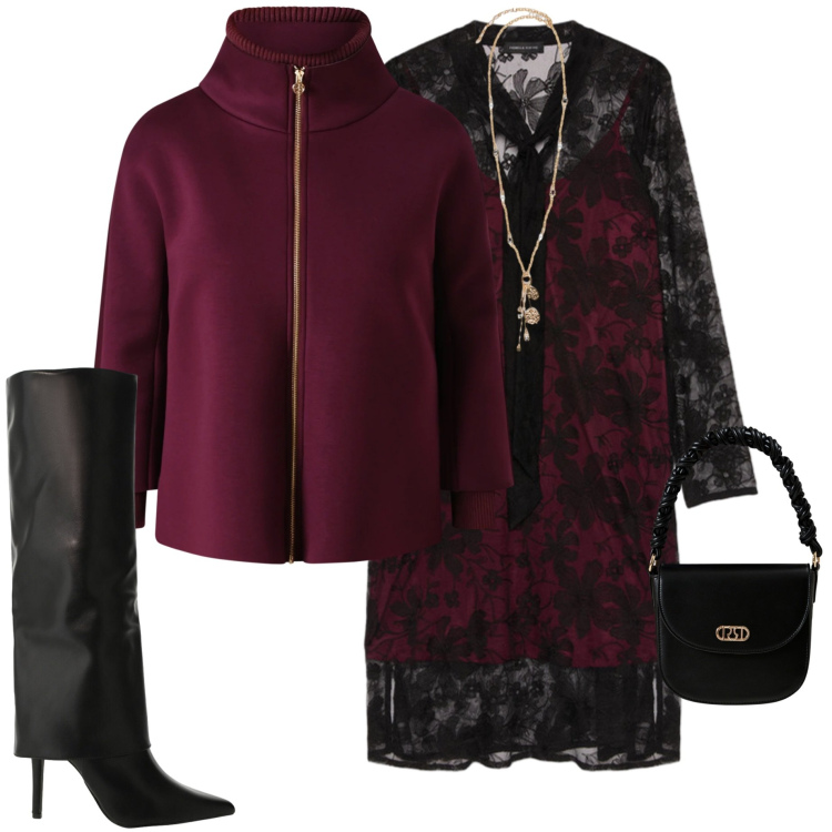 Outfit donna - A teatro. Stile Chic per Serata fuori. Abbinamento con borse a mano, cappe, stivali, ciondoli, vestiti corti.