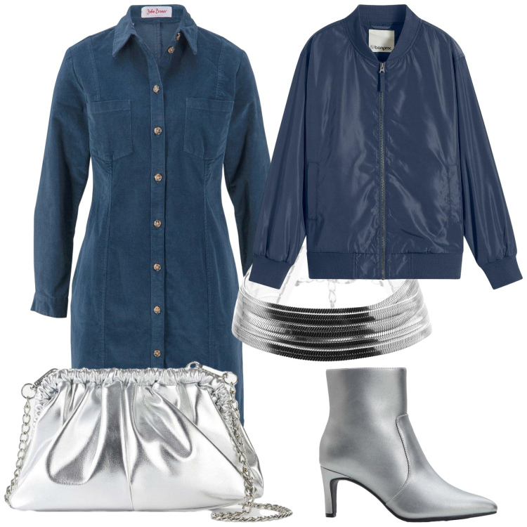 Outfit donna - Argento in ufficio. Stile Sporty chic per Ufficio. Abbinamento con vestiti, bomber, stivaletti, borse a tracolla, braccialetti.