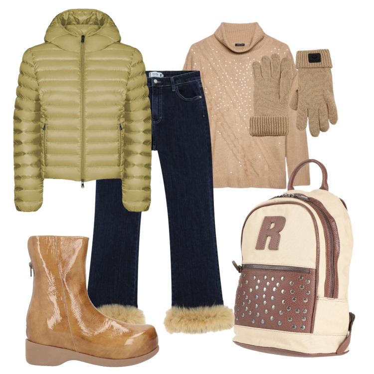 Outfit donna - Total look #2305541. Stile Casual per Scuola/Università. Abbinamento con zaini, stivaletti, pantaloni, bomber, guanti, maglieria.