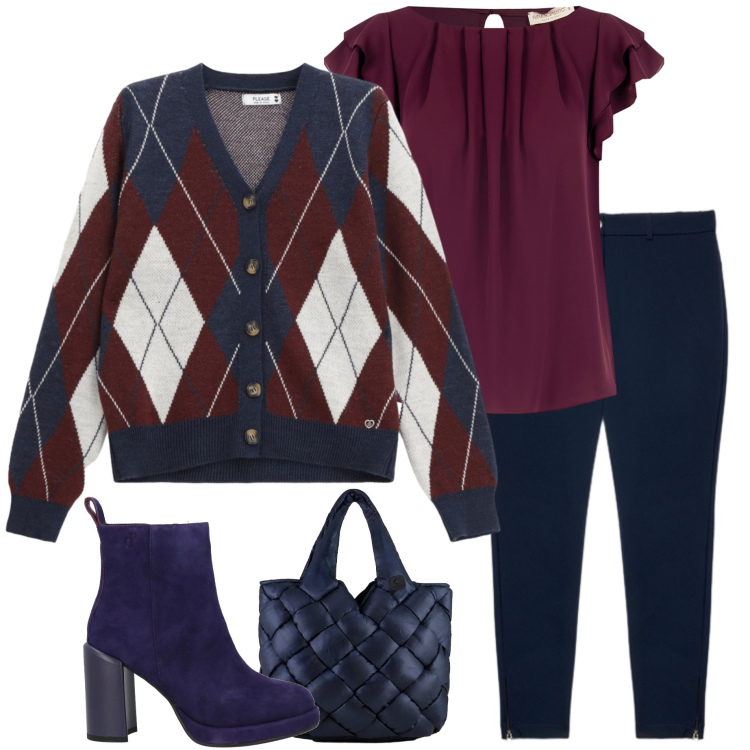Outfit donna - Curvy style. Stile Casual chic per Serata fuori. Abbinamento con stivaletti, cardigans, top, borse tote, pantaloni skinny.