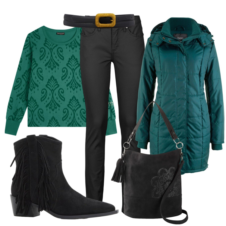 Outfit donna - Total look #2305548. Stile Casual per Scuola/Università. look ideale per Tall. Abbinamento con borse a mano, jeans skinny, giacche, stivaletti texani, felpe, cinture.