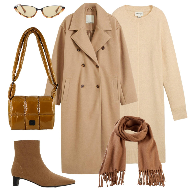 Outfit donna - Panna e caramello. Stile Casual chic per Ufficio. Abbinamento con sciarpe, stivaletti, cappotti, vestiti, occhiali da sole, borse a spalla.