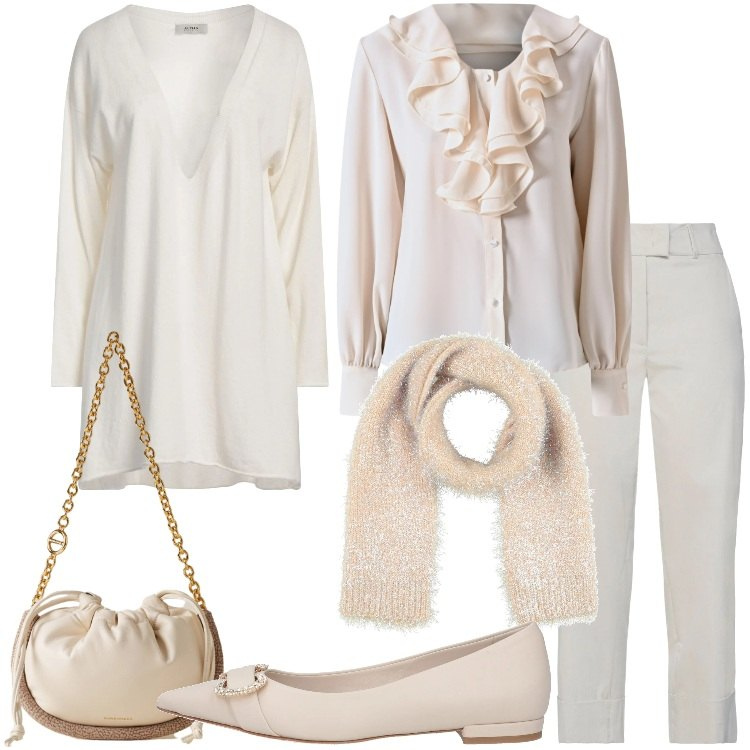 Outfit donna - Bianca come la neve - @antonellal. Stile Romantica per Tutti i giorni. Abbinamento con ballerine, pullovers, pantaloni, sciarpe, bluse, borse a spalla.