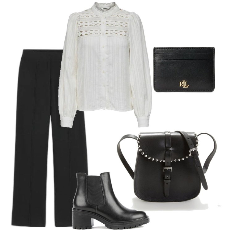 Outfit mujer - Bon Ton #6829. Estilo Bon Ton para Oficina. Combinación con botines chelsea, bandoleras, monederos, blusas, pantalones.