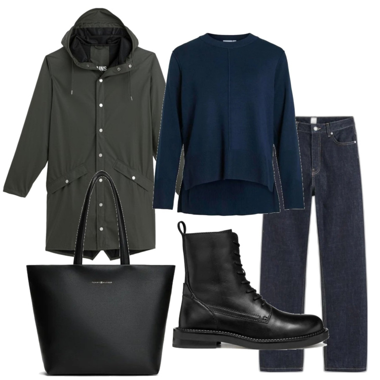 Outfit mujer - Urban #7716. Estilo Urban para Oficina. Combinación con blazers, prendas de punto, bolso tote, vaqueros rectos, botines.