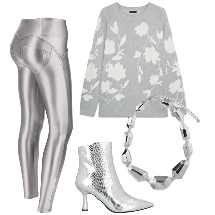 Outfit donna - Argento per le feste. Stile Trendy per Cerimonia. Abbinamento con stivaletti, pantaloni skinny, ciondoli, maglieria.