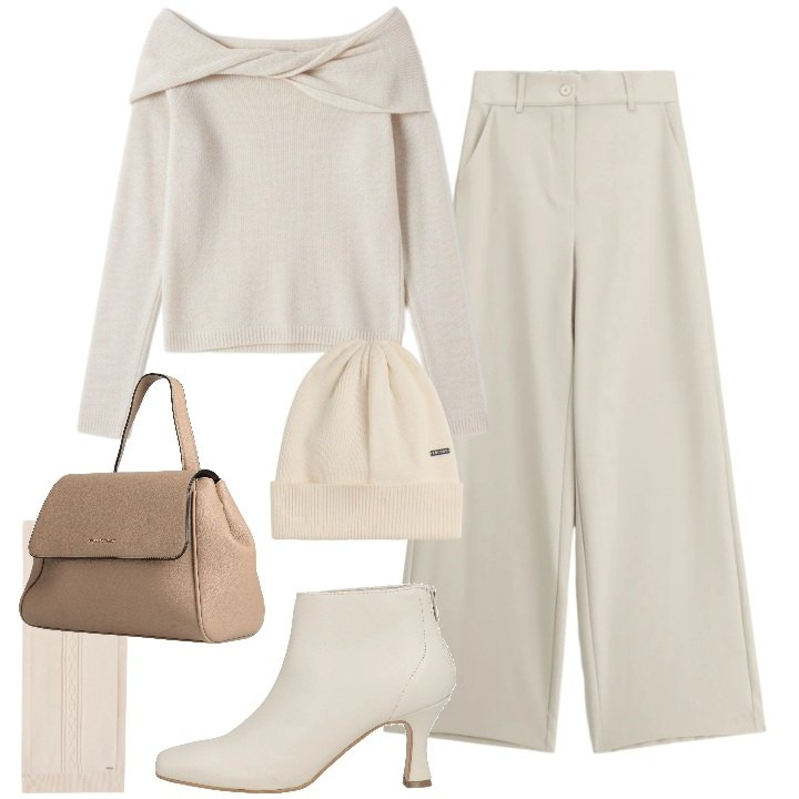 Outfit donna - Warm & chic. Stile Chic per Tutti i giorni. Abbinamento con zaini, stivaletti, maglieria, pantaloni a palazzo, berretti, sciarpe.