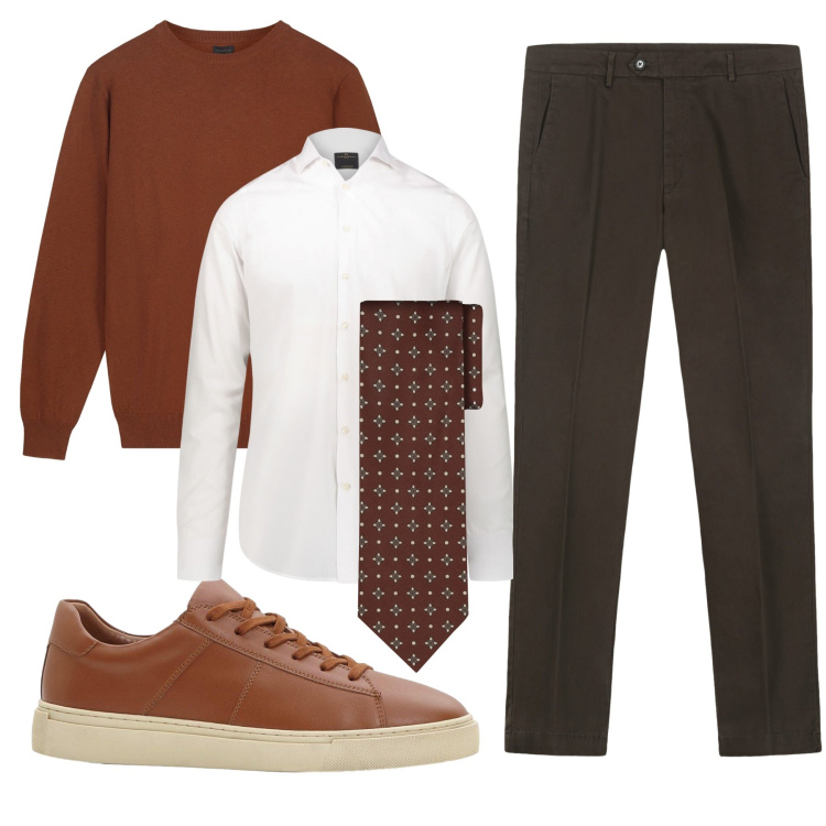 Outfit uomo - Office casual. Stile Casual per Ufficio. Abbinamento con sneakers, pantaloni chino, camicie, maglieria, cravatte.