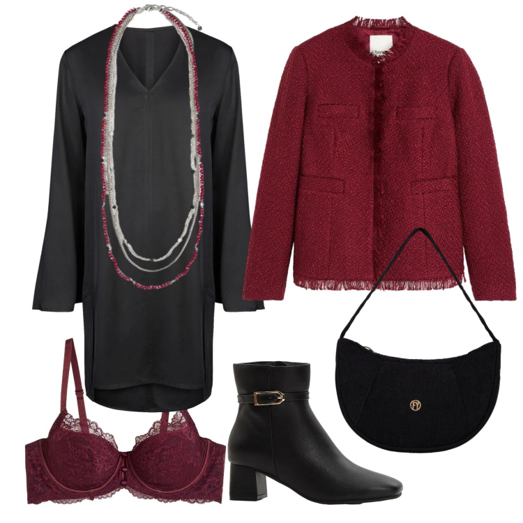 Outfit donna - Cena di lavoro. Stile Bon Ton per Ufficio. Abbinamento con reggiseni, stivaletti, cappotti, borse a mano, vestiti a tubino, collane.