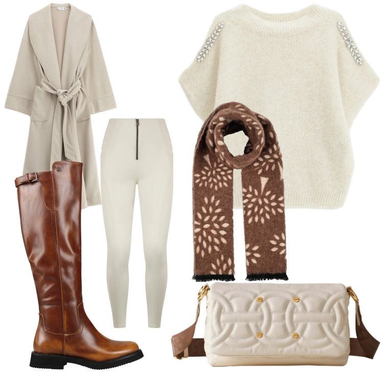 Outfit donna - Fashion snow. Stile Casual chic per Tutti i giorni. Abbinamento con stivali, sciarpe, cappotti, maglieria, borse a tracolla, pantaloni skinny.