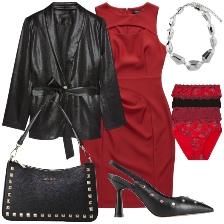 Outfit donna - Natale. Stile Glamour per Cerimonia. Abbinamento con culotte, décolleté, vestiti a tubino, pochette, blazer, ciondoli.