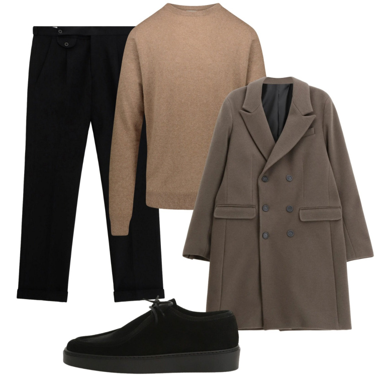 Outfit uomo - Cappotto doppiopetto. Stile Trendy per Tutti i giorni. Abbinamento con cappotti, pantaloni, scarpe stringate, maglieria.