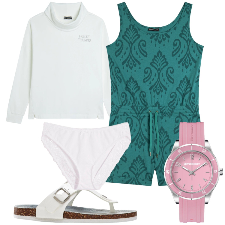 Outfit donna - L ora del relax. Stile Basic per Tutti i giorni. Abbinamento con infradito, culotte, orologi, tuta corta, felpe.