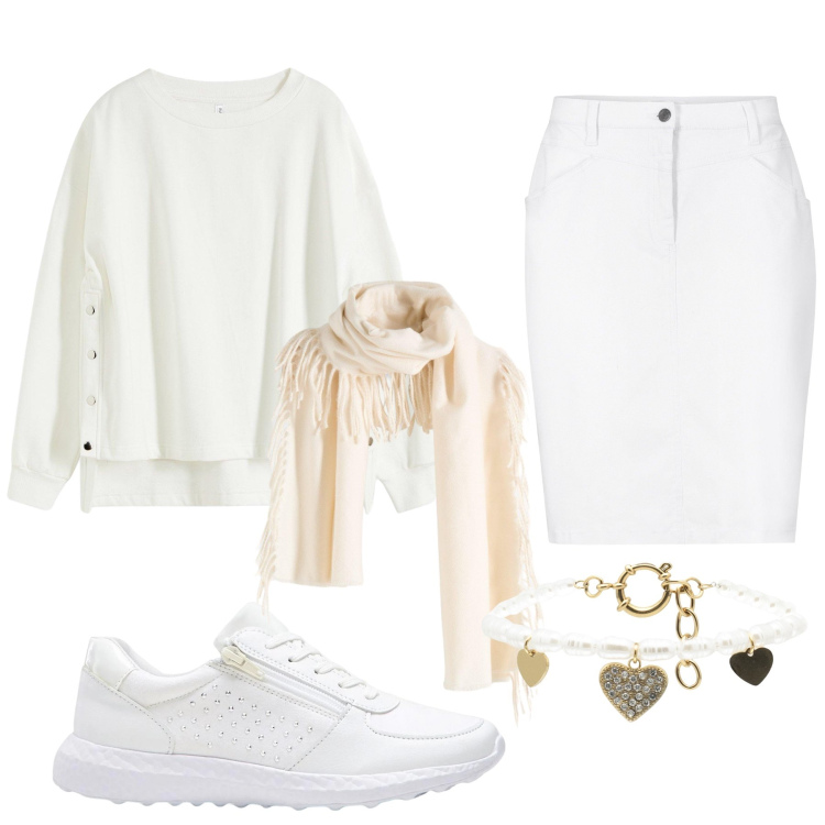 Outfit donna - Total look #2305608. Stile Casual chic per Tutti i giorni. Abbinamento con sneakers, gonne, sciarpe, felpe, braccialetti.