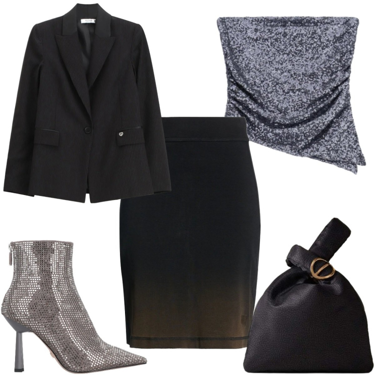 Outfit donna - Ricordati di splendere: Capodanno. Stile Glamour per Serata fuori. Abbinamento con stivaletti, minigonne, blazer, top, borse a mano.