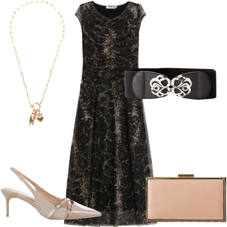 Outfit donna - Potere al punto vita: cintura glamour. Stile Glamour per Serata fuori. Abbinamento con cinture, vestiti lunghi, pochette, décolleté, ciondoli.