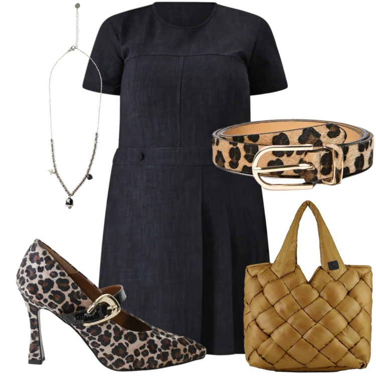 Outfit donna - Il potere del punto vita: animalier. Stile Trendy per Tutti i giorni. Abbinamento con vestiti a tubino, décolleté, ciondoli, borse tote, cinture.