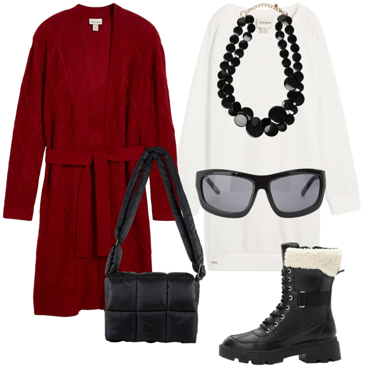 Outfit donna - Mattinata trendy. Stile Trendy per Tutti i giorni. Abbinamento con cardigans, vestiti, anfibi, occhiali da sole, borse a spalla, collane.