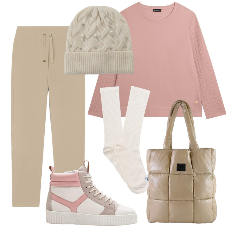 Outfit donna - Total look #2305619. Stile Sporty chic per Tutti i giorni. Abbinamento con sneakers alte, berretti, felpe, pantaloni sportivi, shopping bag, calzini.