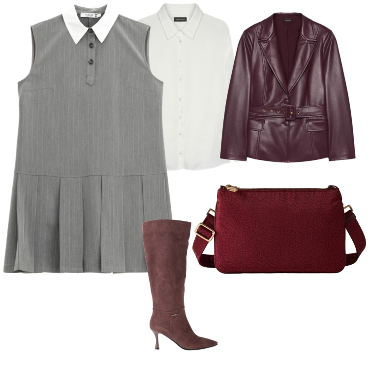 Outfit donna - A lavoro dicembre. per Ufficio. Abbinamento con stivali, vestiti corti, borse a tracolla, camicie, blazer.