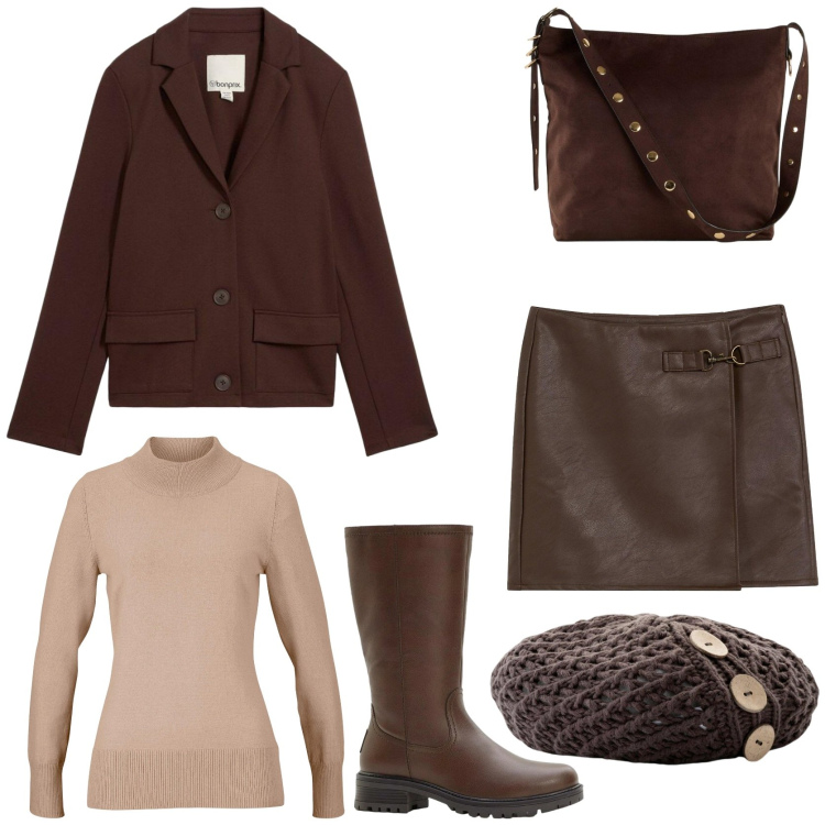 Outfit donna - Winter style. Stile Casual chic per Tutti i giorni. Abbinamento con berretti, maglieria, gonne, shopping bag, blazer, stivali.