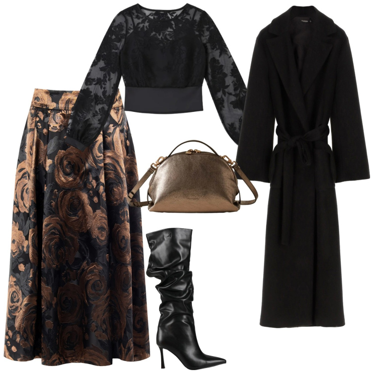 Outfit donna - Per le sere di festa. per Serata fuori. Abbinamento con stivali, cappotti, bluse, gonne longuette, borse a mano.